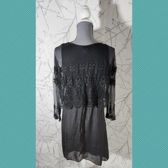 Carla Conti Black Floral Silk Lace Overlay Dress Whimsigoth - Picture 4 of 5